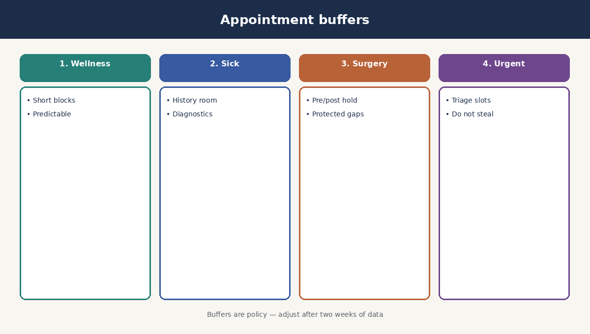 Appointment type buffer guidance for wellness, sick consult, surgery admit, and urgent triage